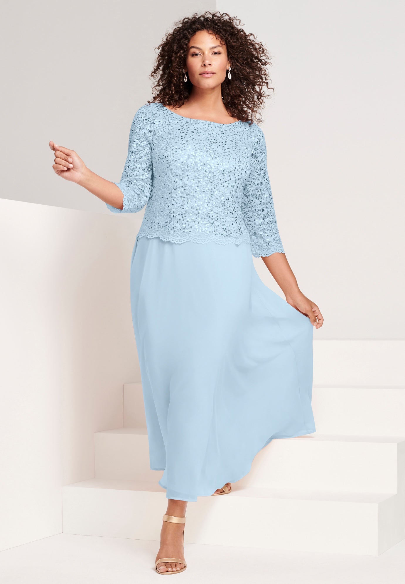 Plus Size Sparkle Lace Popover A-Line Gown with 3/4 Sleeves image number 0