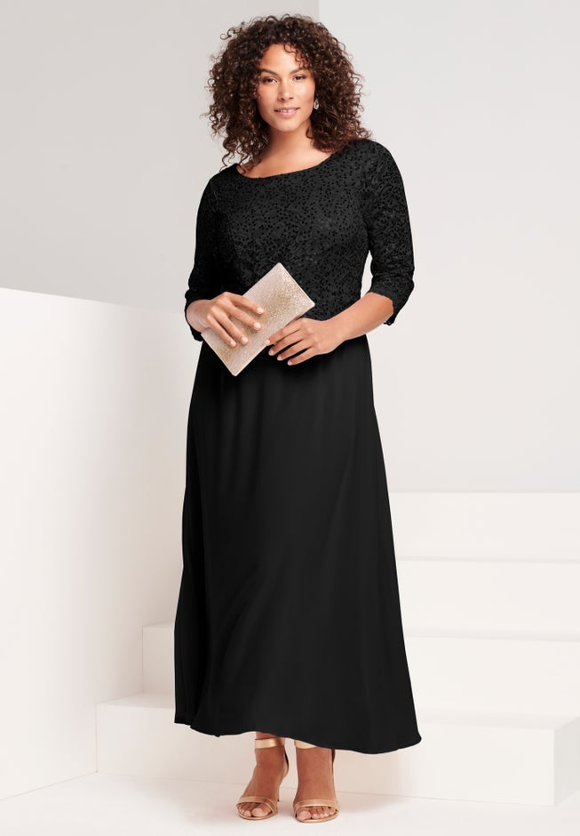 Plus Size Sparkle Lace Popover A-Line Gown with 3/4 Sleeves image number 0