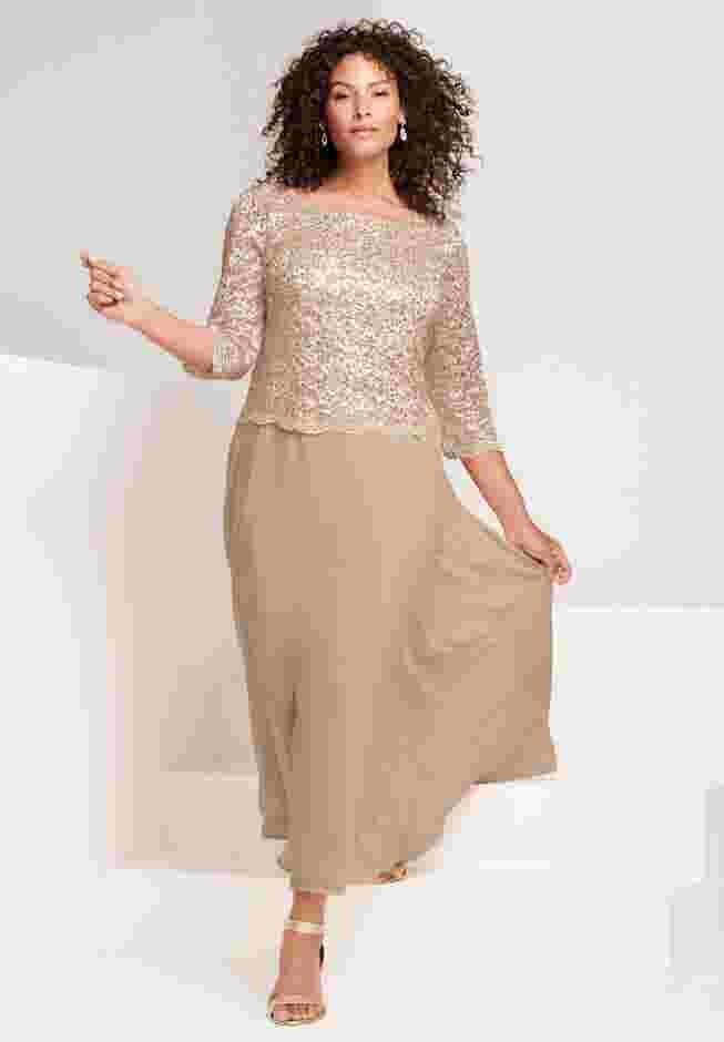 Plus Size Sparkle Lace Popover A-Line Gown with 3/4 Sleeves image number 0