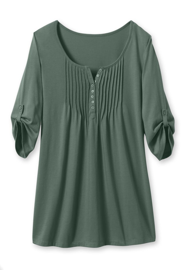 7-Day Three-Quarter Sleeve Pintucked Henley Tunic image number 1