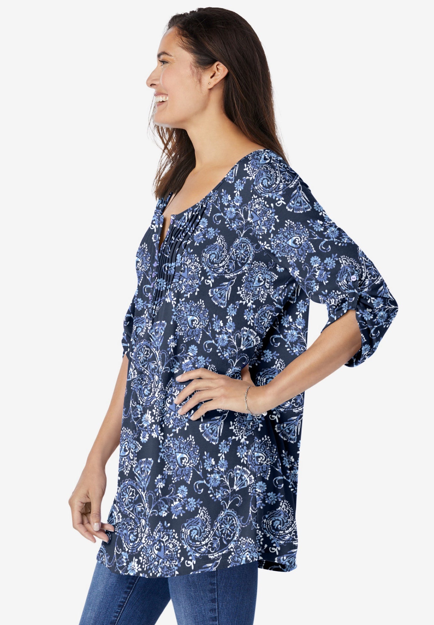 7-Day Three-Quarter Sleeve Pintucked Henley Tunic image number 3