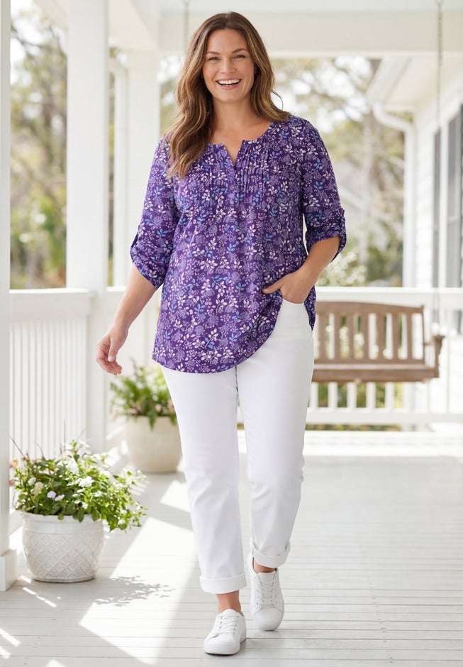 7-Day Three-Quarter Sleeve Pintucked Henley Tunic image number 1