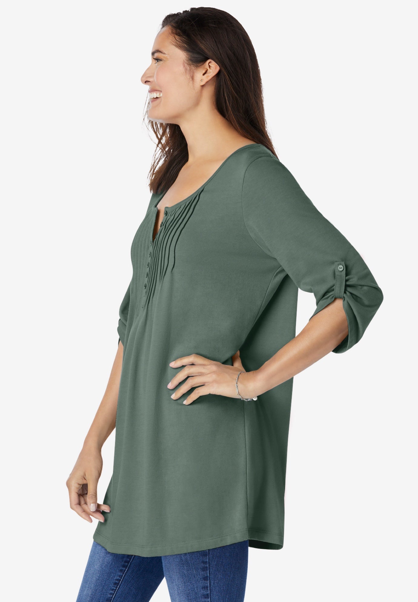 7-Day Three-Quarter Sleeve Pintucked Henley Tunic image number 4