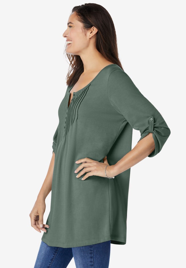 7-Day Three-Quarter Sleeve Pintucked Henley Tunic image number 4
