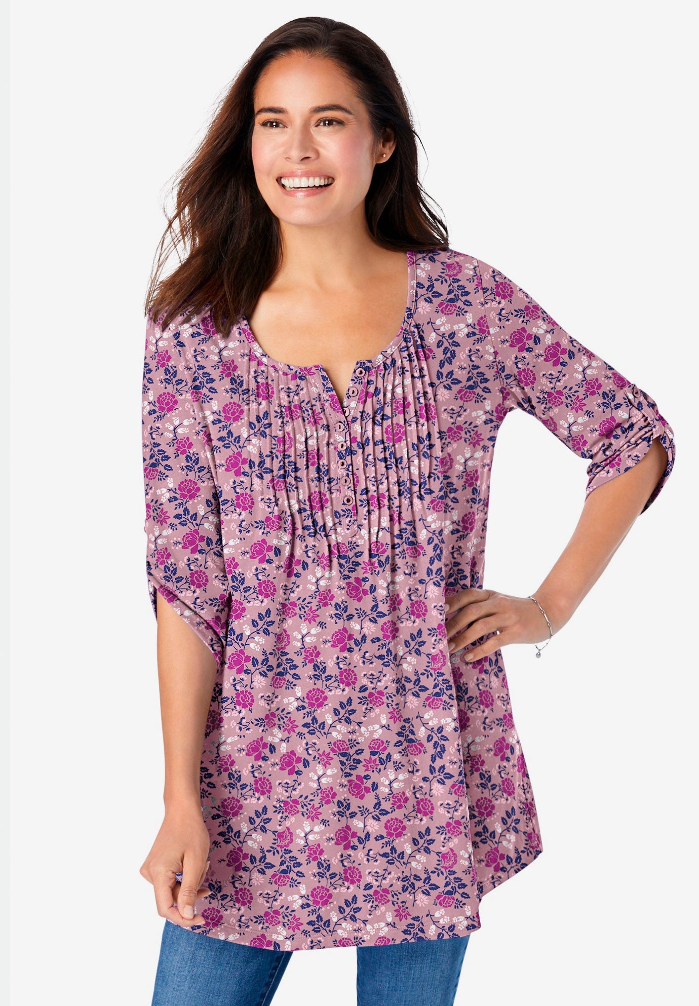 7-Day Three-Quarter Sleeve Pintucked Henley Tunic image number 0