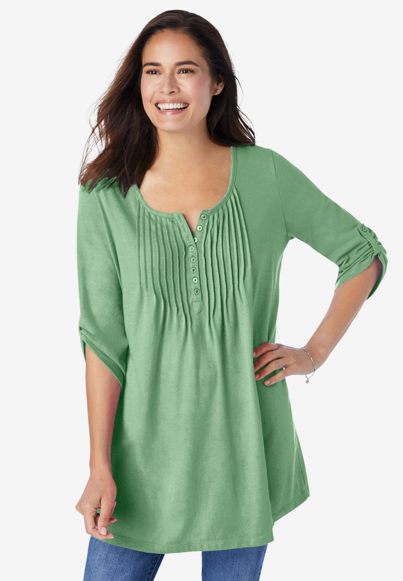 7-Day Three-Quarter Sleeve Pintucked Henley Tunic image number 0