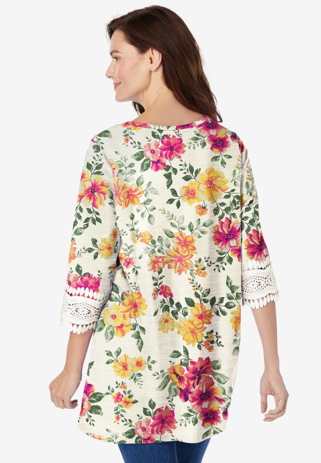 Crochet-Trim Three-Quarter Sleeve Tunic image number 1