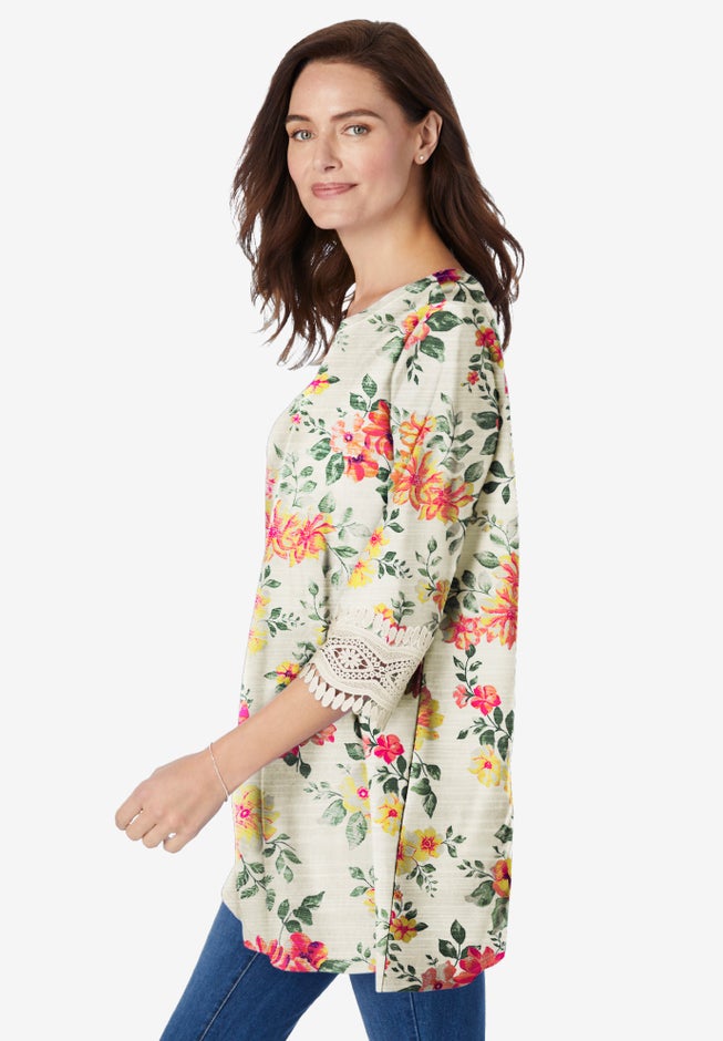 Crochet-Trim Three-Quarter Sleeve Tunic image number 2