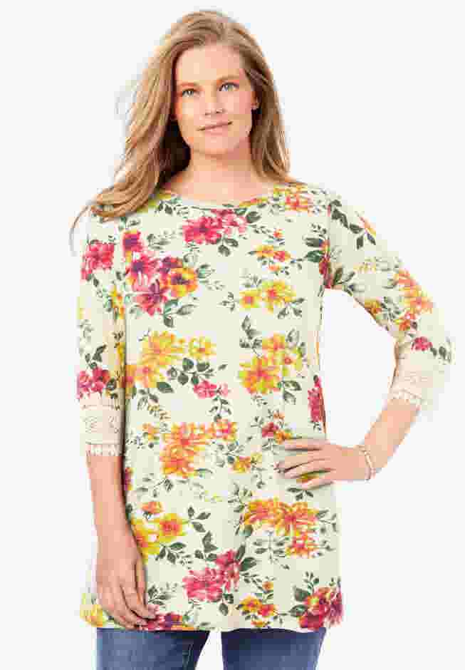 Crochet-Trim Three-Quarter Sleeve Tunic image number 0