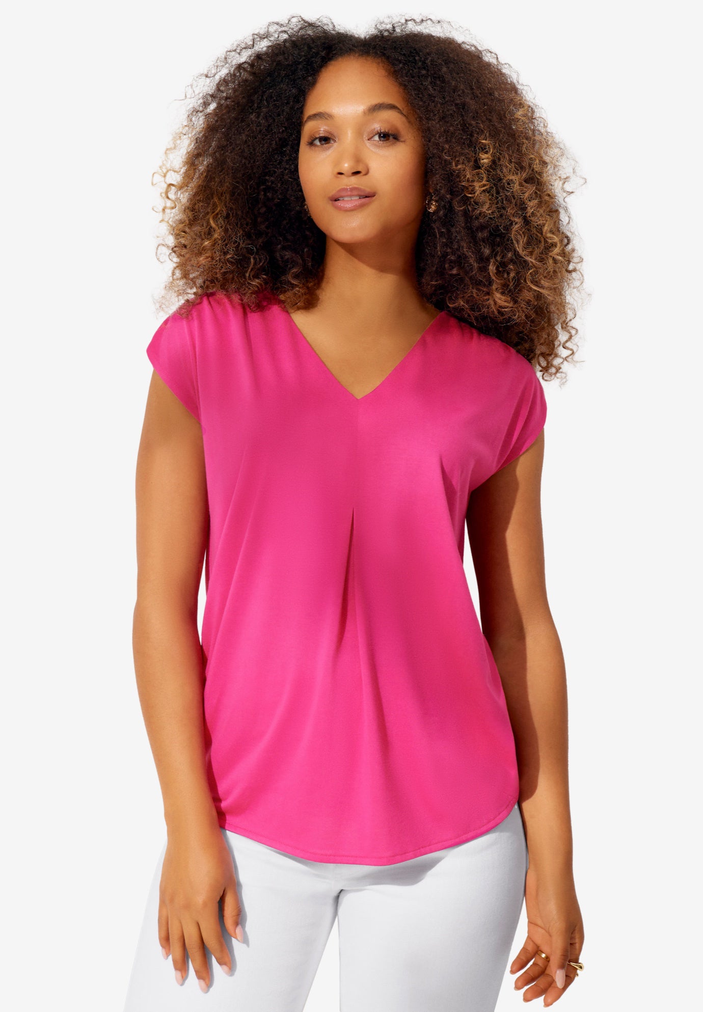 V-Neck Cap Sleeve Tee With Inverted Pleat image number 0