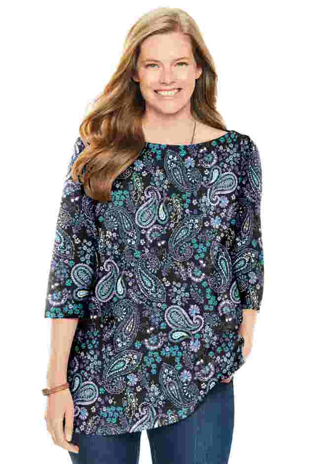 Perfect Printed Elbow-Sleeve Boatneck Tee image number 0