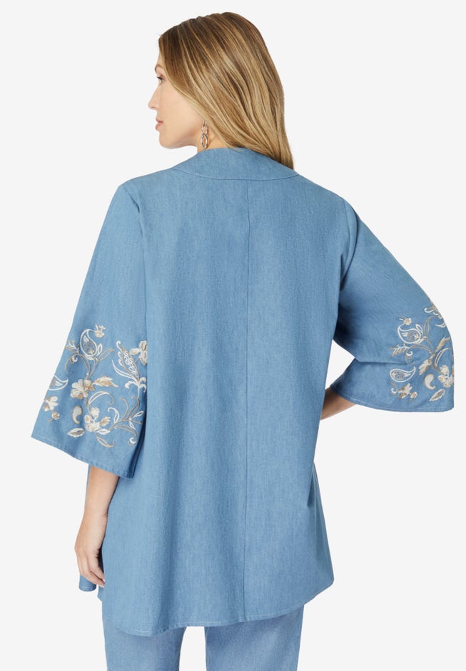 Plus Size Chambray Embroidered Kimono image number 1
