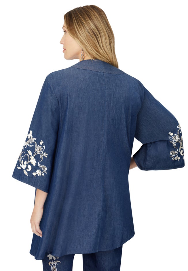 Plus Size Chambray Embroidered Kimono image number 1