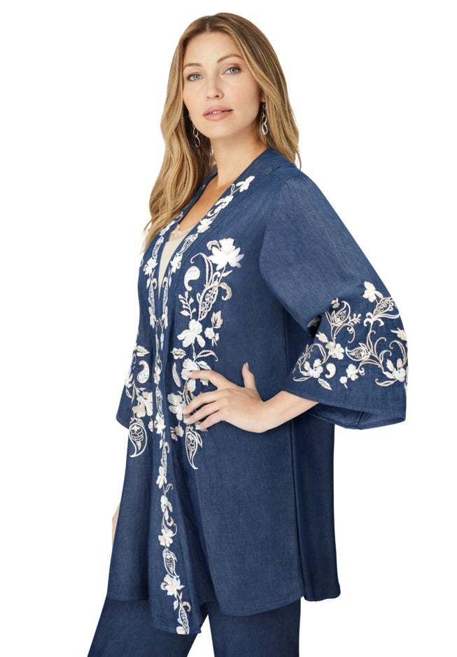 Plus Size Chambray Embroidered Kimono image number 2