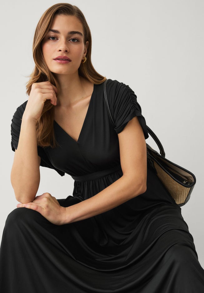 Stretch Knit Fit And Flare Elbow-Length Sleeve Tie-Back Maxi Dress image number 5