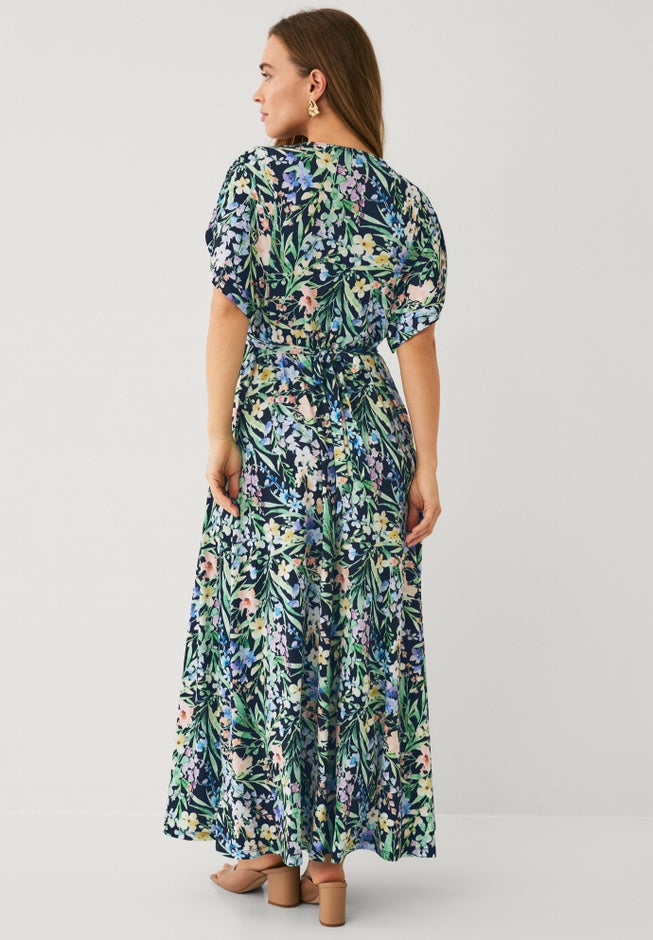 Stretch Knit Fit And Flare Elbow-Length Sleeve Tie-Back Maxi Dress image number 1