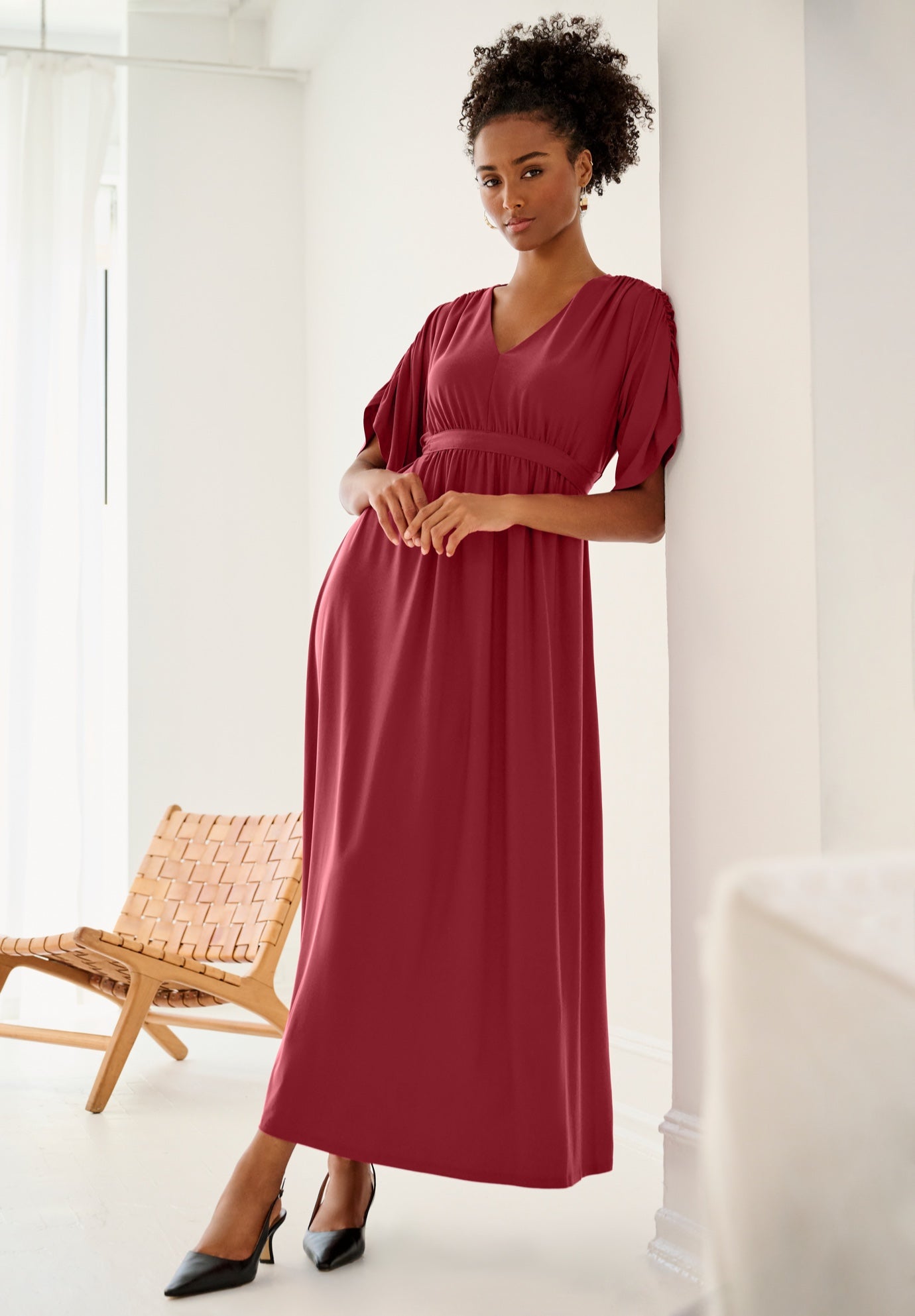 Stretch Knit Fit And Flare Elbow-Length Sleeve Tie-Back Maxi Dress image number 0