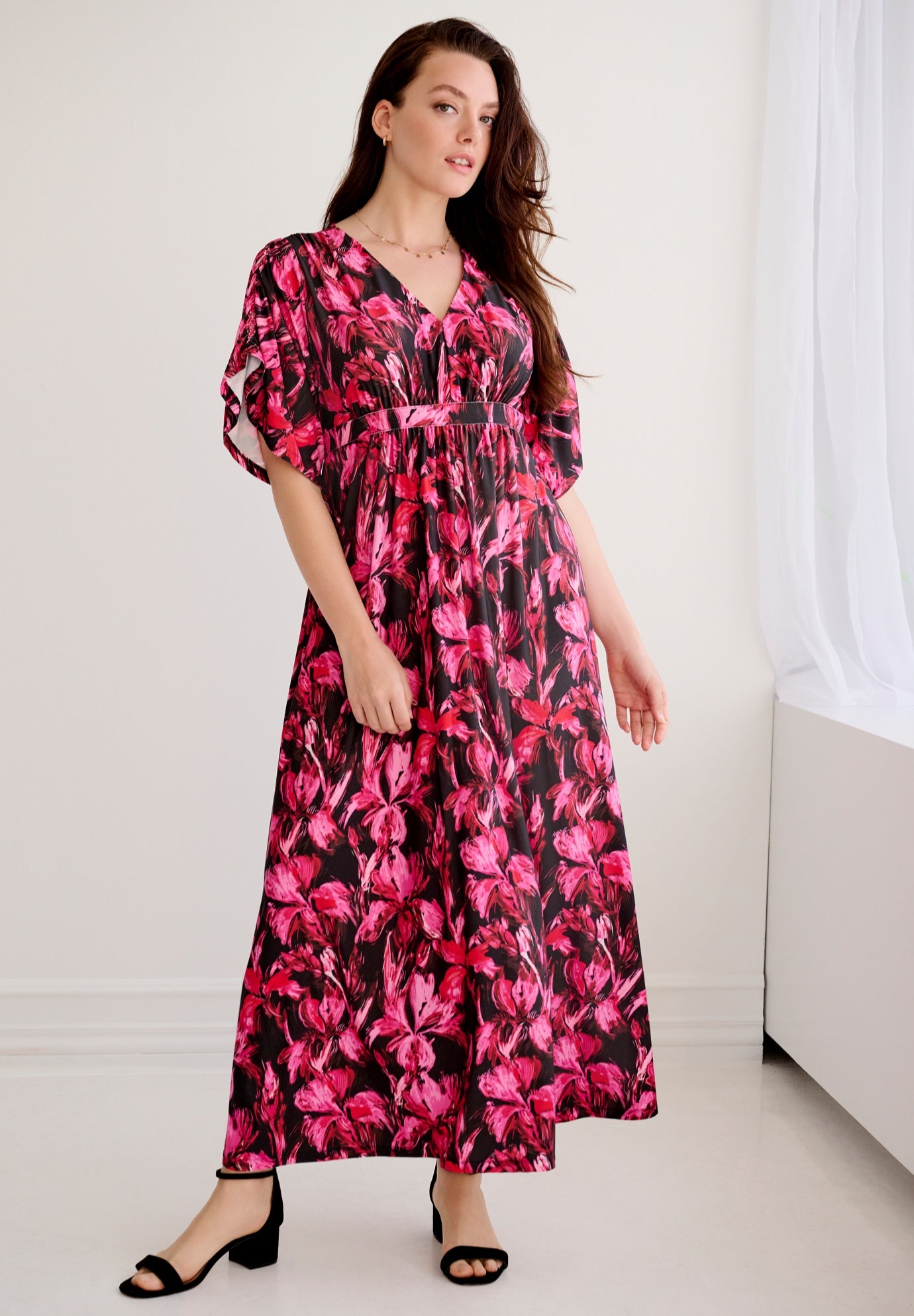 Stretch Knit Fit And Flare Elbow-Length Sleeve Tie-Back Maxi Dress image number 0