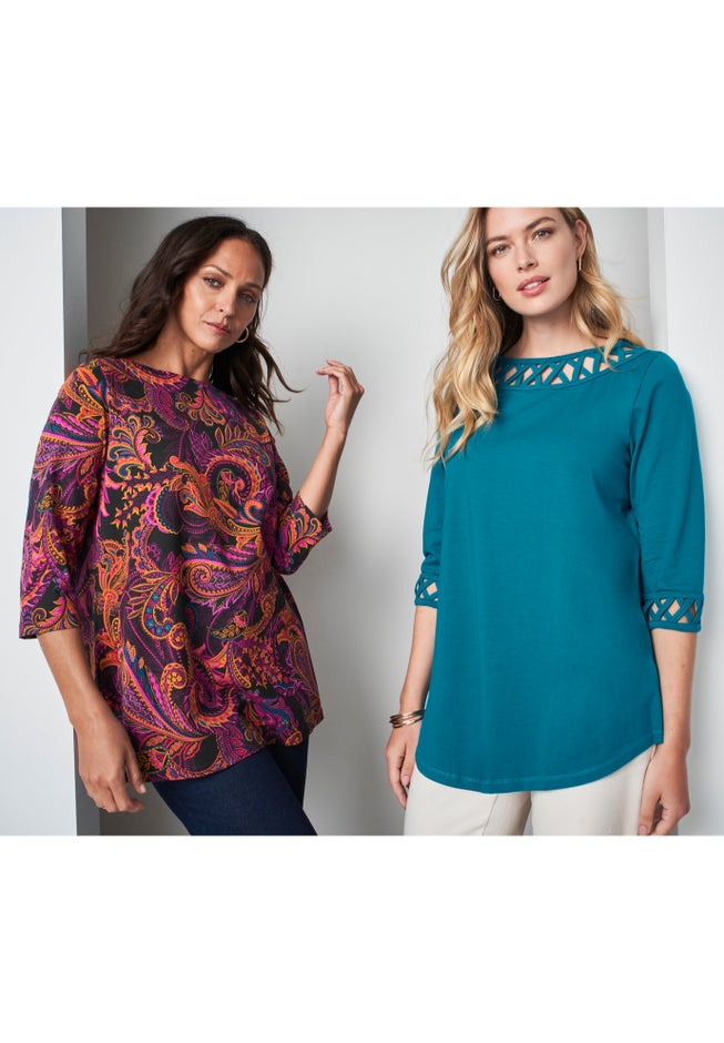 Stretch Cotton Lattice Boatneck Tunic image number 3