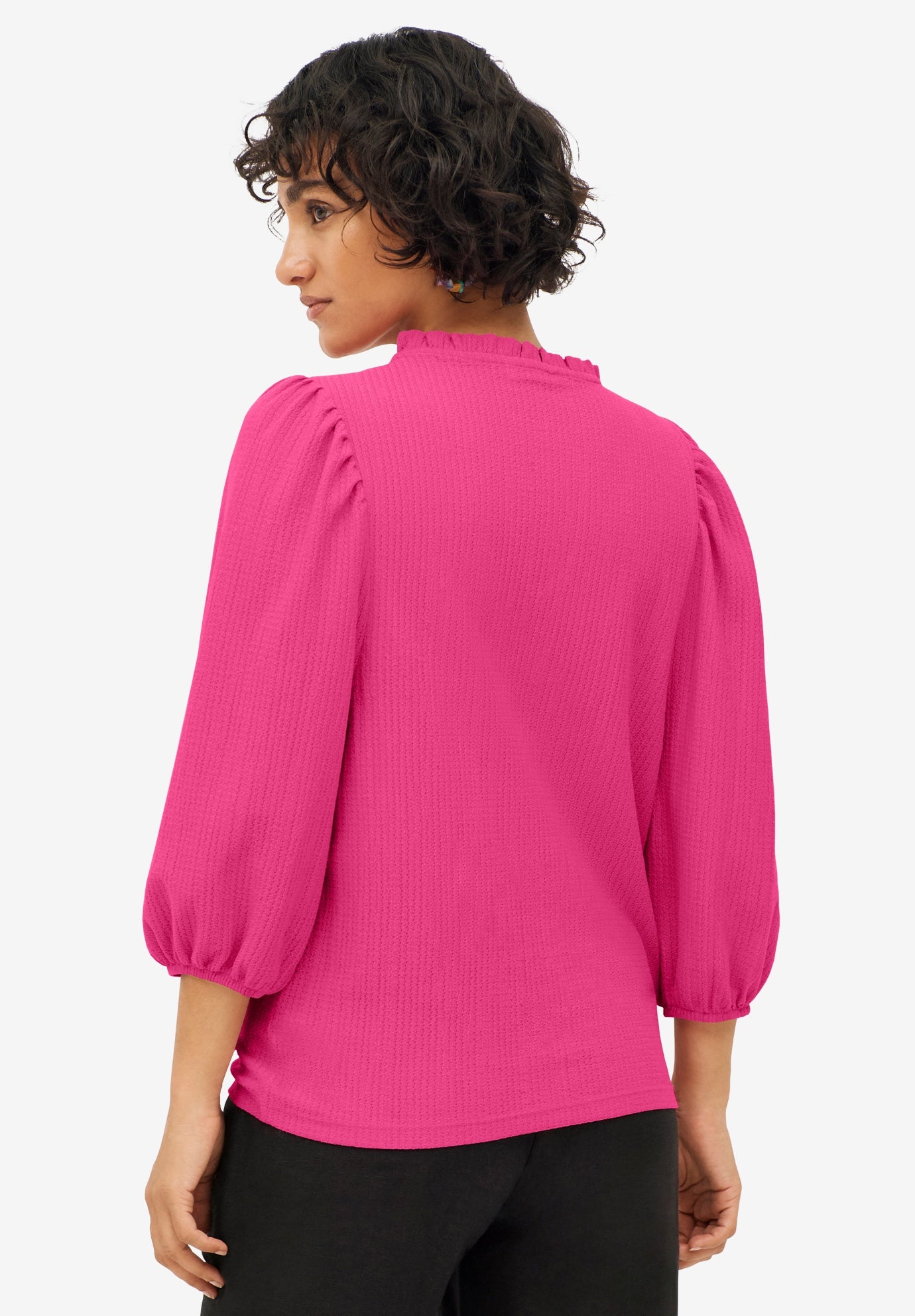 Textured Knit Ruffle Notch Neck Top image number 1