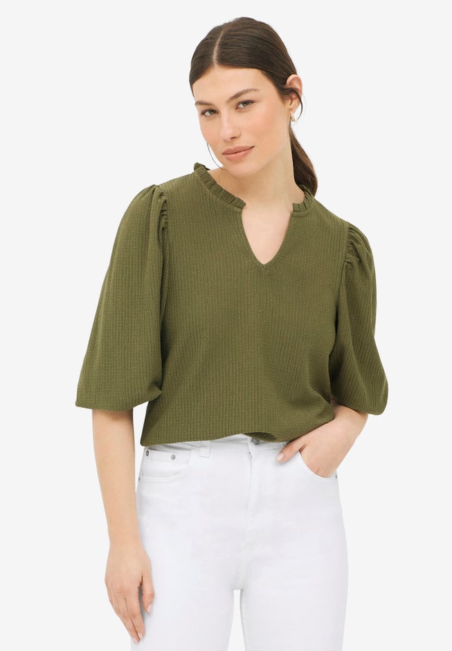 Textured Knit Ruffle Notch Neck Top image number 0