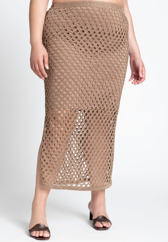 Metallic Open Knit Midi Skirt image number 1