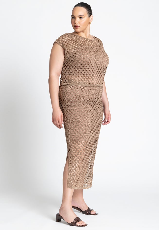 Metallic Open Knit Midi Skirt image number 0