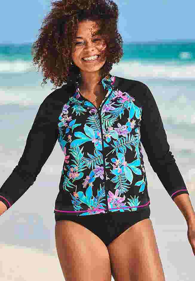 Chlorine Resistant Zip Front Long Sleeve Swim Shirt image number 0