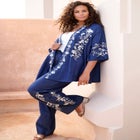 Plus Size Embroidered Pull-On Wide-Leg Chambray Pant image number null