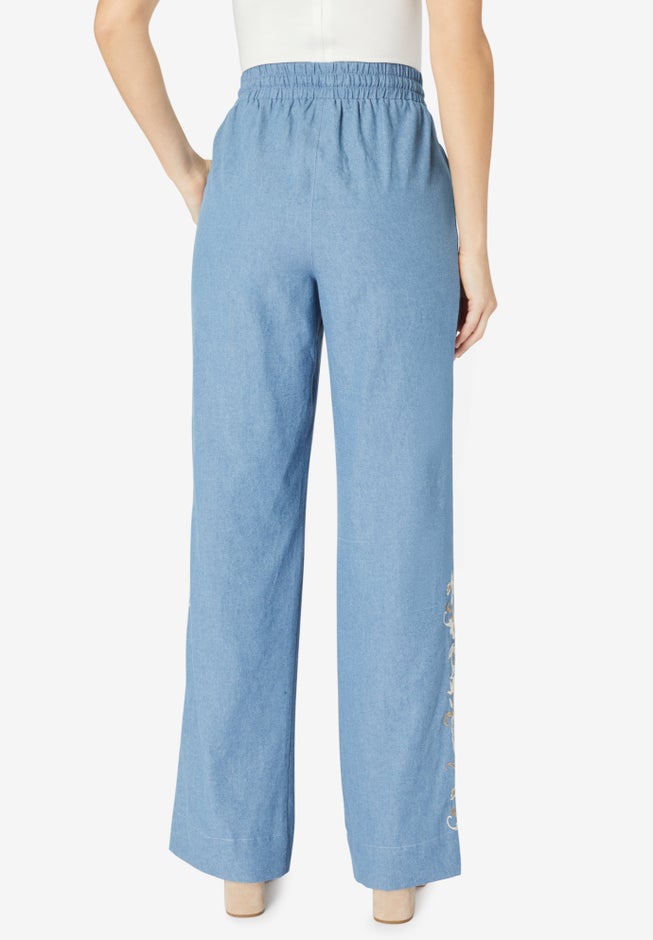 Plus Size Embroidered Pull-On Wide-Leg Chambray Pant image number 2