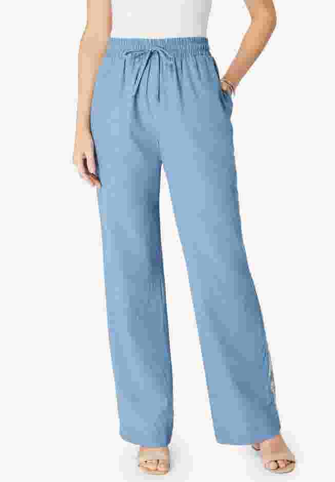 Plus Size Embroidered Pull-On Wide-Leg Chambray Pant image number 3