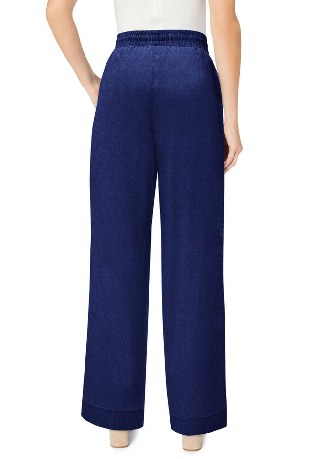 Plus Size Embroidered Pull-On Wide-Leg Chambray Pant image number 2
