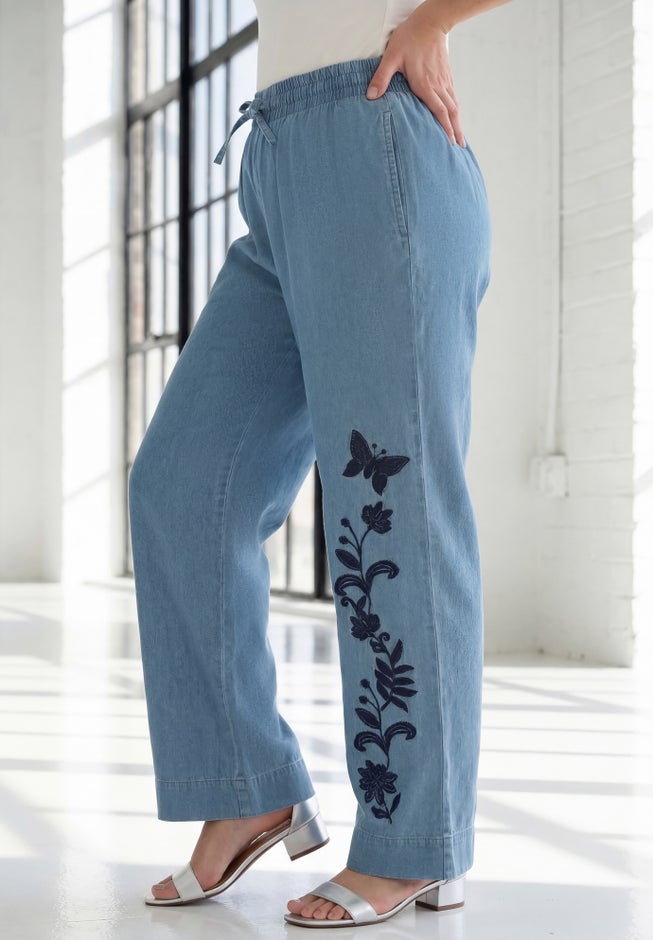 Plus Size Embroidered Pull-On Wide-Leg Chambray Pant image number 2