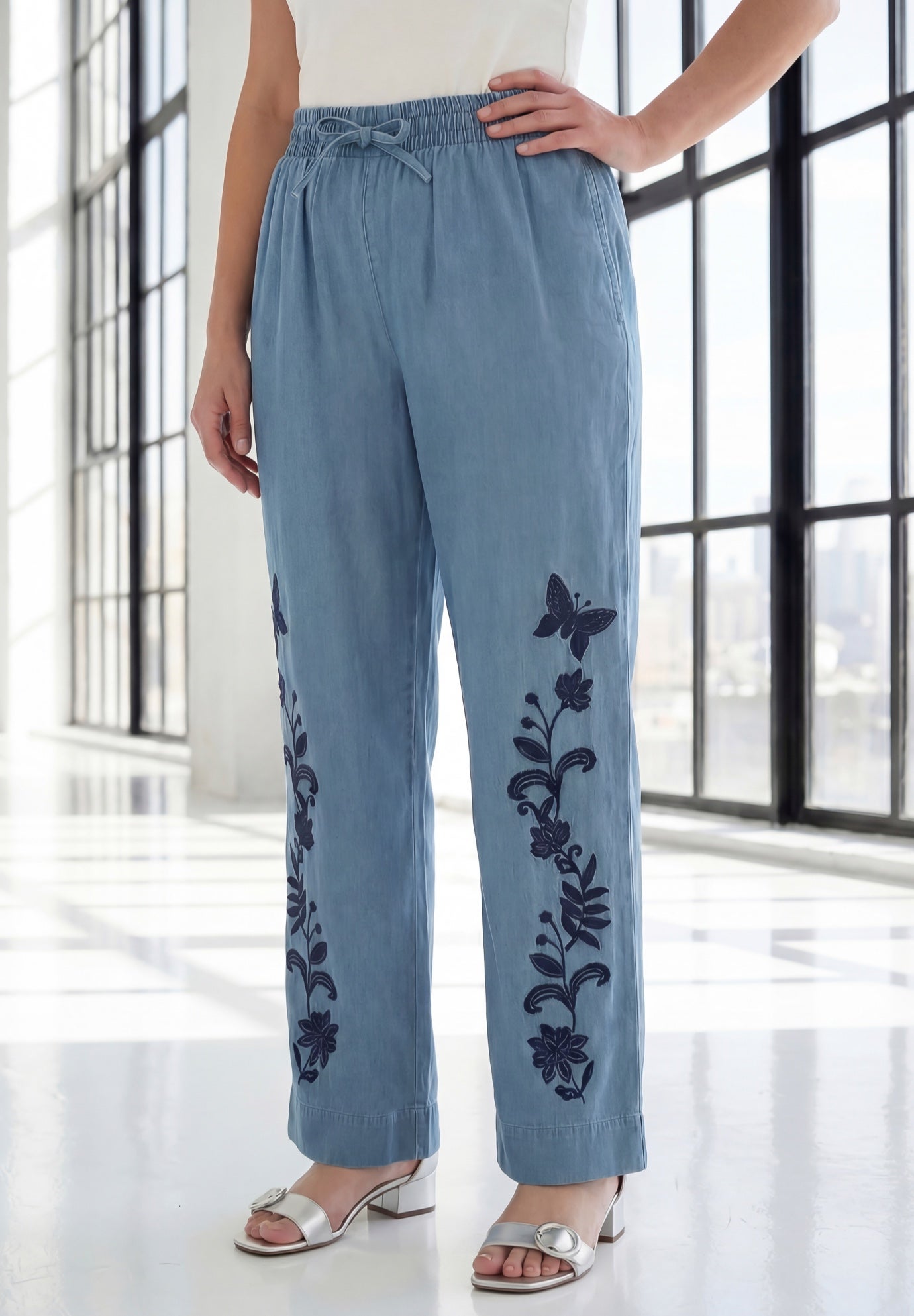 Plus Size Embroidered Pull-On Wide-Leg Chambray Pant image number 0