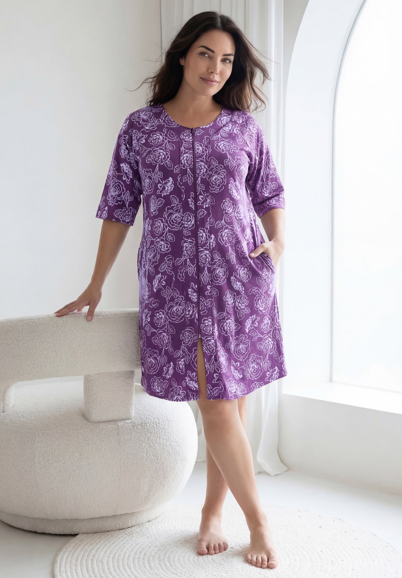 Short French Terry Zip-Front Robe image number 3
