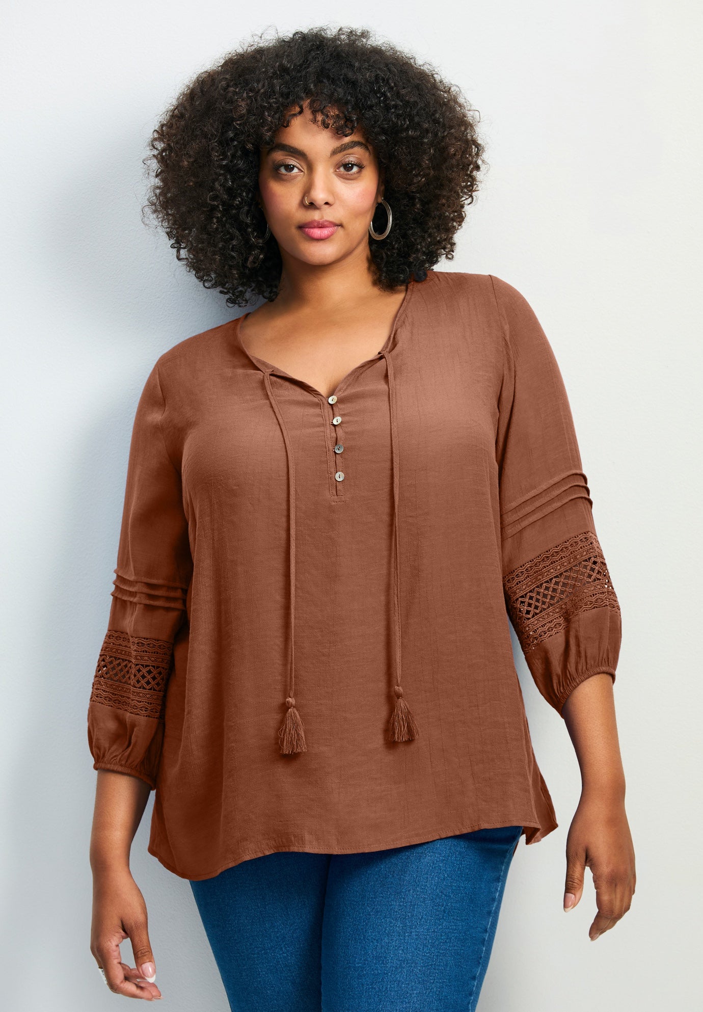 Pintuck Lace Peasant Top image number 0