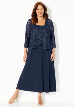 plus size cocktail dresses with jackets Catherines Women's Plus Size Petite Sparkling Lace Jacket Dress