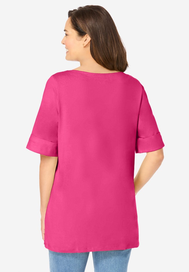 Perfect Cuffed Elbow-Sleeve Boat-Neck Tee image number 1