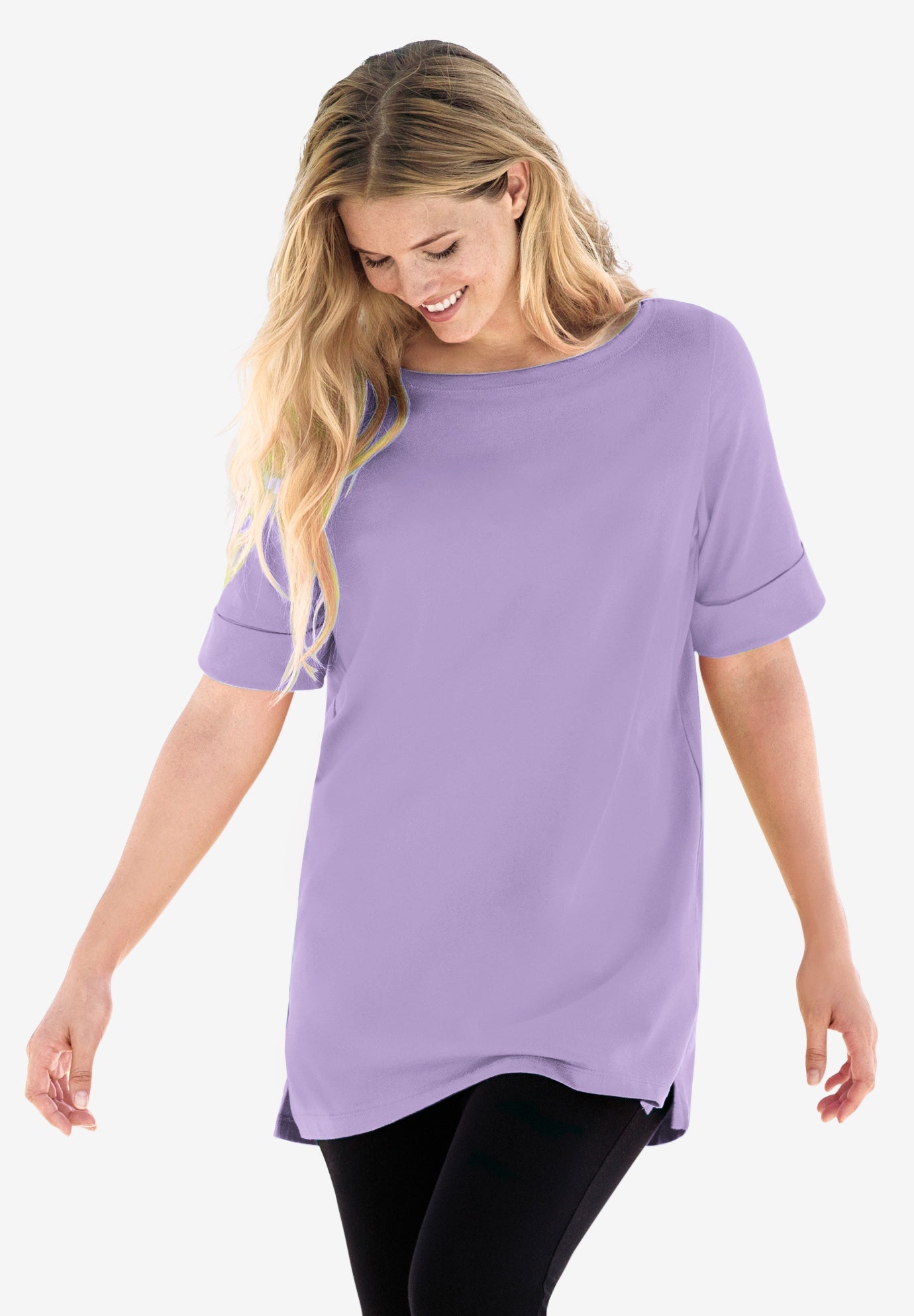 Perfect Cuffed Elbow-Sleeve Boat-Neck Tee image number 0