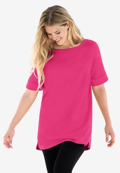 Perfect Cuffed Elbow-Sleeve Boat-Neck Tee