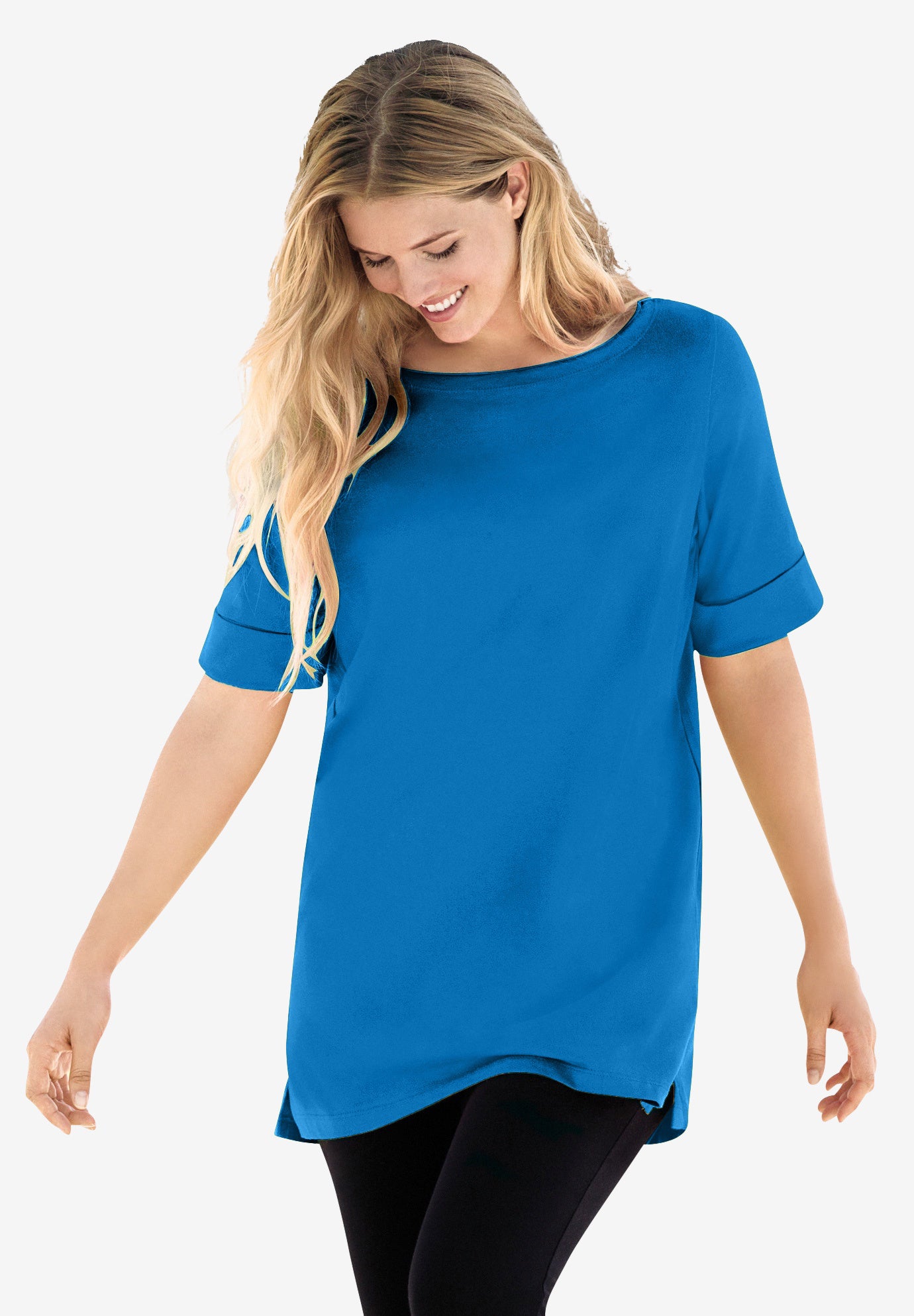Perfect Cuffed Elbow-Sleeve Boat-Neck Tee image number 0