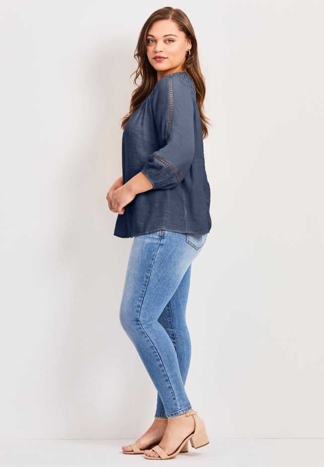 Embroidered Lace Detail Peasant Blouse image number 2