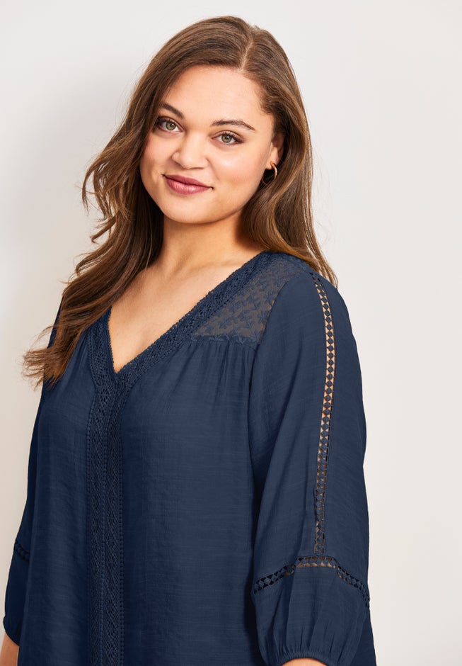 Embroidered Lace Detail Peasant Blouse image number 3