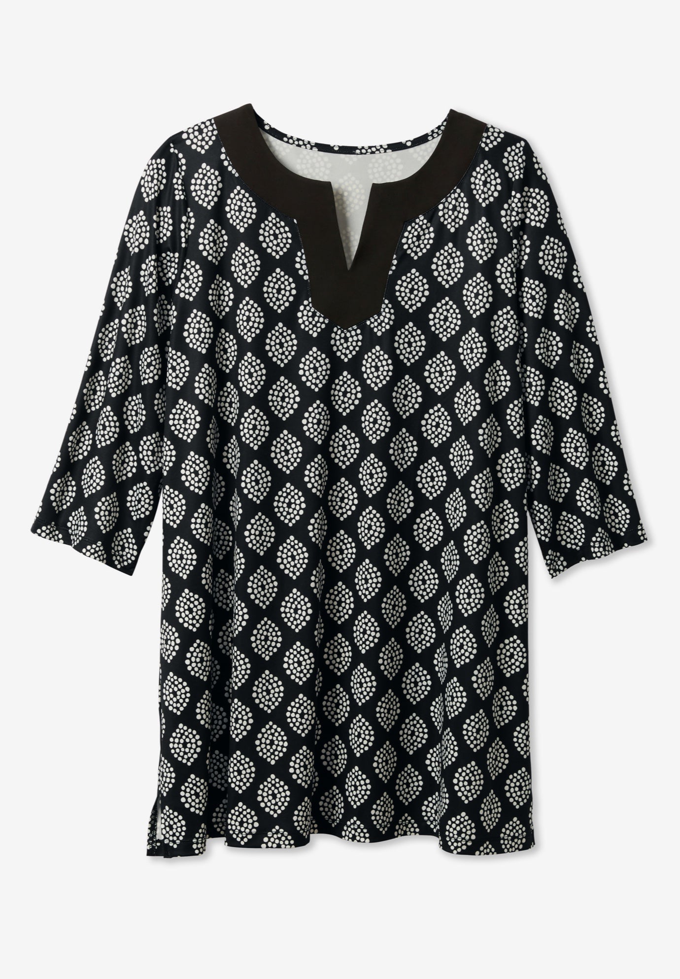 Contrast Notch-Neck Three-Quarter Sleeve Knit Tunic image number 1