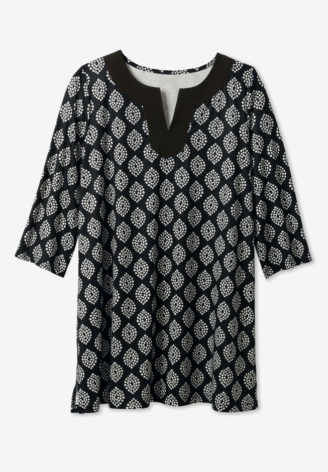 Contrast Notch-Neck Three-Quarter Sleeve Knit Tunic image number 1
