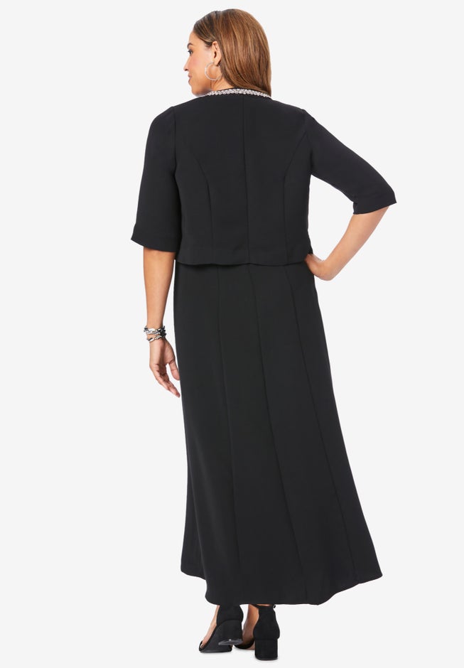 beaded jacket dress Long Formal Dress with Beaded Long-Sleeve Jacket Navy / 14