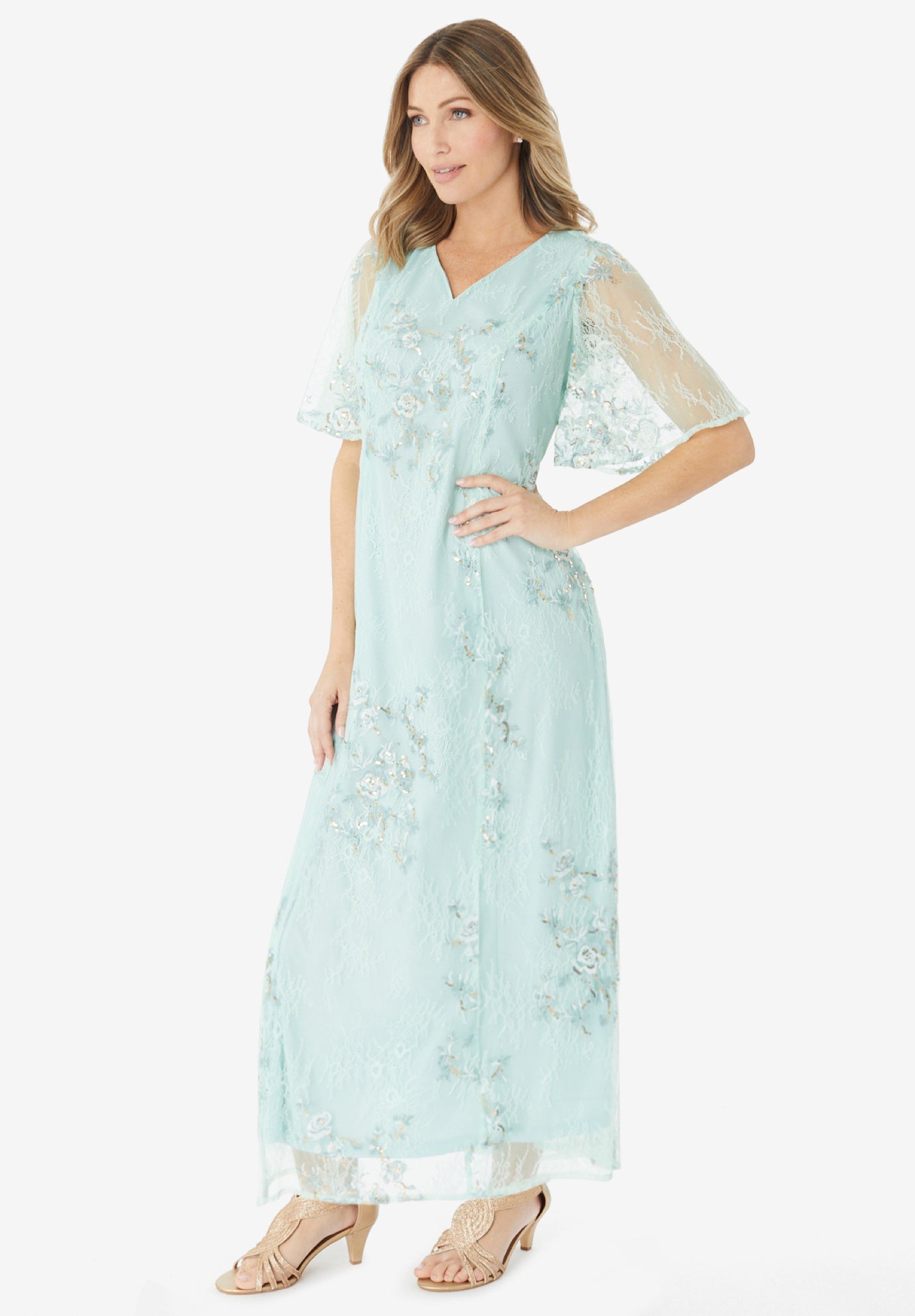 Plus-Size Flutter Sleeve Allover Embroidered Gown image number 2