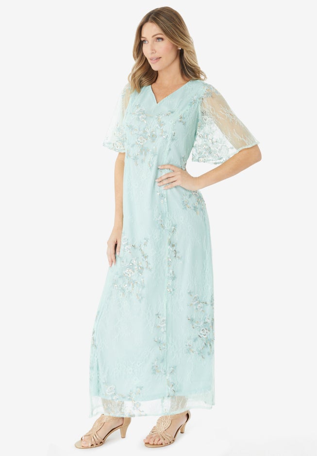 Plus-Size Flutter Sleeve Allover Embroidered Gown image number 2