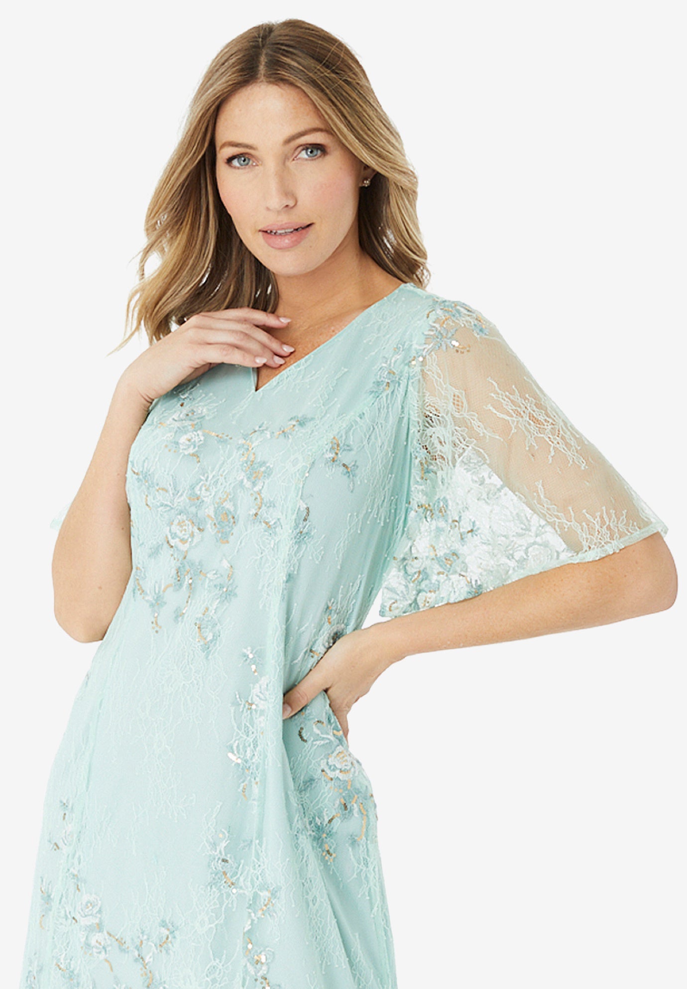 Plus-Size Flutter Sleeve Allover Embroidered Gown image number 3