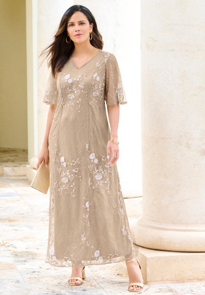 Plus-Size Flutter Sleeve Allover Embroidered Gown image number 4